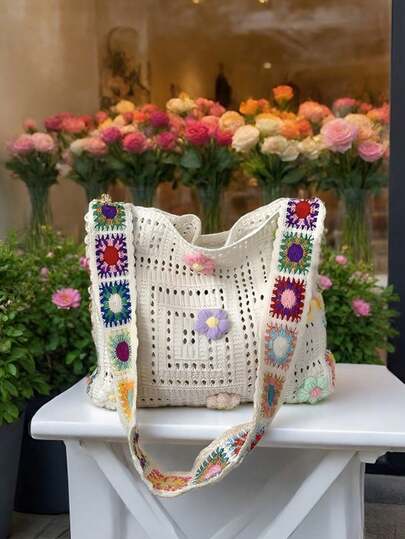 1pc Bohemian Style Crochet Tote Bag With Colorful Floral Decor, Roomy Knitted Shoulder Bag For Women, Suitable For Travel, Vacation And Daily Shopping, Great Gift For Mom
