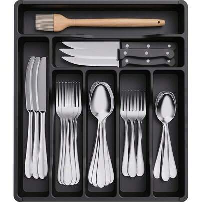 - Plastic Cutlery Drawer Organizer Tray For Kitchen, Cutlery And Utensil Holder Divider For Spoons, Forks, Knives, Tableware, 12.3 X 14.2 Inches, 7,44601456
