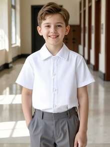 Tween Boy 经典休闲学院风纯白色短袖衬衫，适合派对、表演和花童等正式活动 - 白色 - 查看 5