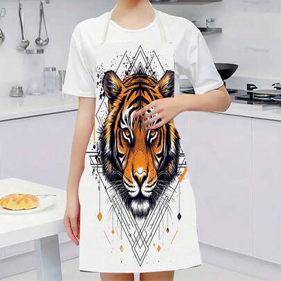 1pc Tiger Head Pattern Kitchen Apron, Suitable For Kitchen, Living Room, Dining Room, Hotel, Outdoor BBQ And Other Scenarios, Made Of 100% Polyester, Machine Washable