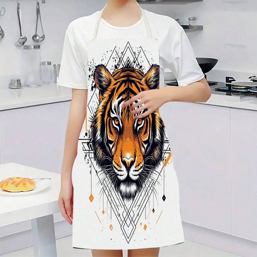 1 chiếc tạp dề nhà bếp họa tiết đầu hổ, thích hợp cho nhà bếp, phòng khách, phòng ăn, khách sạn, tiệc nướng ngoài trời và các trường hợp khác, được làm từ 100% polyester, có thể giặt máy. - Nhiều màu - Xem 1