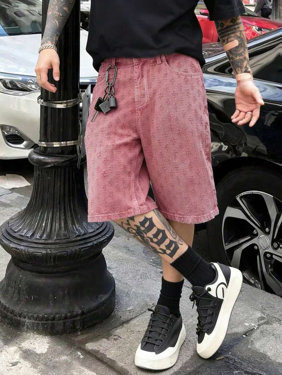 Pantalones cortos de mezclilla de ganchillo de moda para hombres - Rosado Sandía - Ver 1