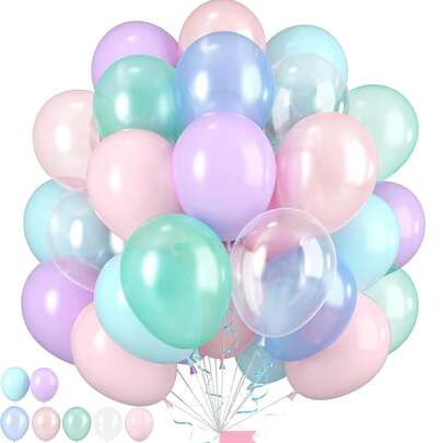 50个10英寸粉彩美人鱼气球，粉色、紫色、蓝色、绿色珍珠粉彩透明马卡龙气球，公主风、海洋主题生日派对、夏季泳池派对、迎婴派对、周年纪念、毕业典礼、节日庆典装饰，室内外均可使用。