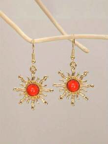 1 Pair Bohemian Style Baroque Sunflower Faux Jade Plated Dangle Earrings, Elegant & Fashionable Earring Hooks - 太陽 - 查看 4