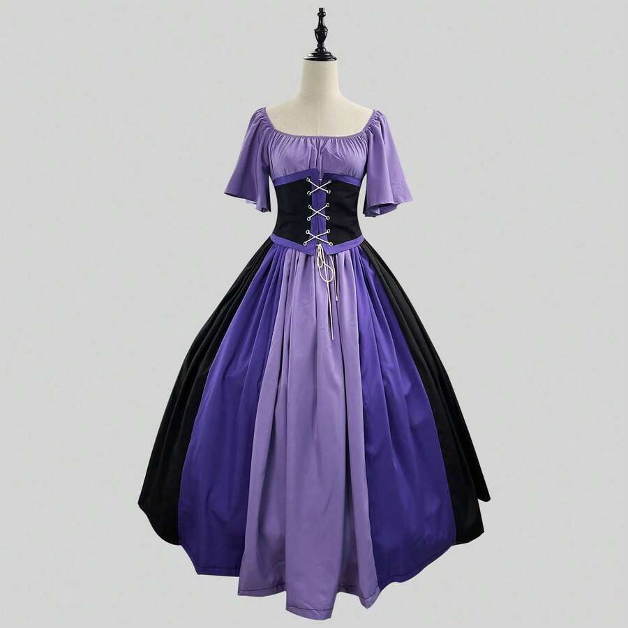 Retro European And American Medieval Slim Fit Color Block Dress With Flutter Sleeves, Large Flared Dress, Off-Shoulder Dress For Women, Cosplay Performance Costume - 紫色 - 查看 1