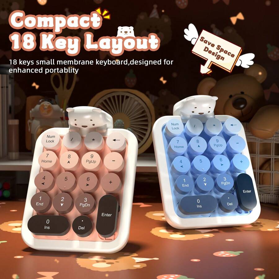 ATTACK SHARK *Ajazz AF18 Wireless Numeric Keypad, 2.4G USB Wireless Connection, Ergonomic 18-Key Compact Silicone Bear Design, Gradient Keycaps, Detachable & Portable Number Pad - View 1