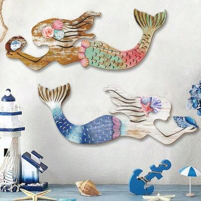 Đồ trang trí nhà bằng gỗ chủ đề đại dương (1/2 mảnh), hình nàng tiên cá biển sâu, vỏ sò trang trí, đồ trang trí tiệc bãi biển mùa hè, thích hợp cho biệt thự ven hồ, phòng hướng biển, phòng ngủ, phòng khách, phòng tắm, phòng giặt, đồ trang trí treo tường bằng gỗ.