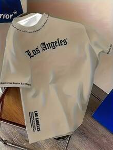 加大码男士洛杉矶哥特式3D全印花T恤 - 白色，黑色Logo和城市名称，短袖休闲街头风，圆领，可机洗，适合运动爱好者和都市时尚主题穿搭 - 卡其色 - 查看 3