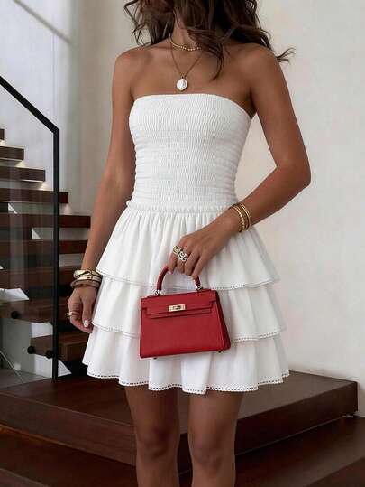 Unadoll Women's Summer Cute Elegant Strapless Smocked Bodice Layered Ruffle Hem White Mini Dress Vacation Date Outfit