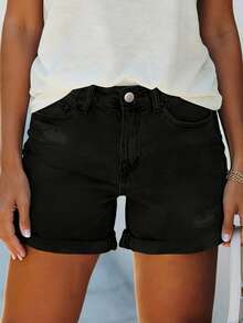 Quần short denim nữ màu trơn dáng rộng, ống lửng, kiểu dáng thường ngày, màu đen, thích hợp mặc mùa hè. - màu đen - Xem 5