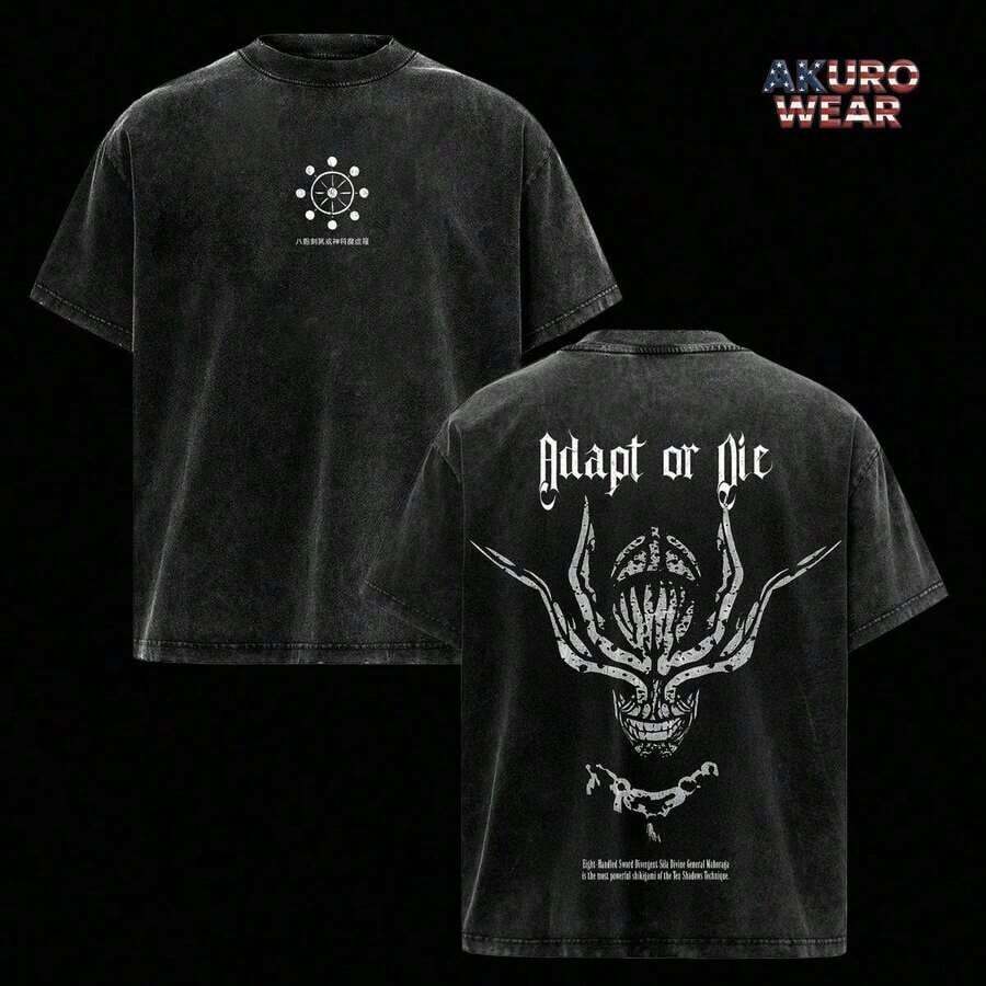 Mahoraga Washed Oversized-Shirt –  Anime Graphic Gym Pump Cover Tee, Vintage Washed Cotton Streetwear TTDF - màu đen - Xem 1