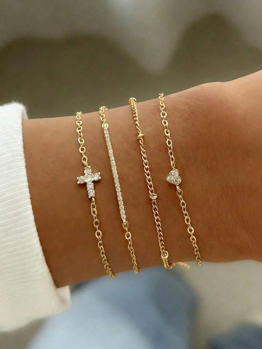 CVNANA 4pcs Set Fashionable Minimalist Sparkling Crystal Cross & Heart Layered Bracelet Set, Suitable For Birthday Party, Gathering, Daily Wear, Music Festival, Great Gift For Friends, Couples, Girlfriend, Mom (Bead Quantity Random) - A - View 1