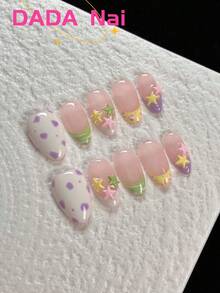 10片装短款杏仁形手工按压式美甲贴片，粉彩色星星波点图案，Y2K复古条纹豹纹美甲，亮面，可重复使用，适合夏季日常佩戴 - 彩色 - 查看 4
