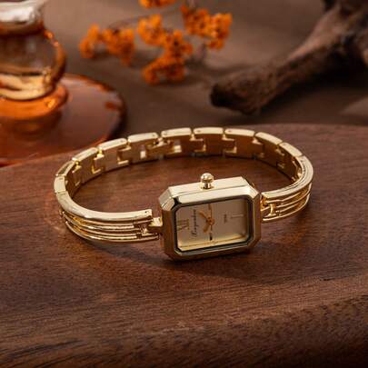 xinyunkou French Palace Style Green Dial Gold Chain Small Square Quartz Watch, Elegant Commuter Daily Wear