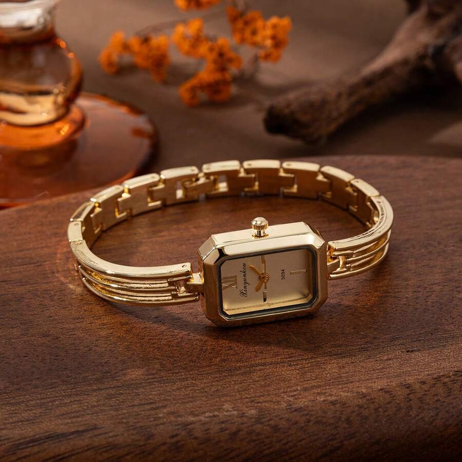 xinyunkou French Court Style Green Dial Gold Chain Square Watch, Elegant Commuter Wristwatch, Versatile Everyday Quartz Watch - White - View 1