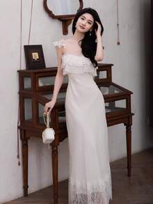 Y6Y - Đầm slip không tay ren xếp ly tinh tế kiểu Pháp mùa hè mới - trắng - Xem 3