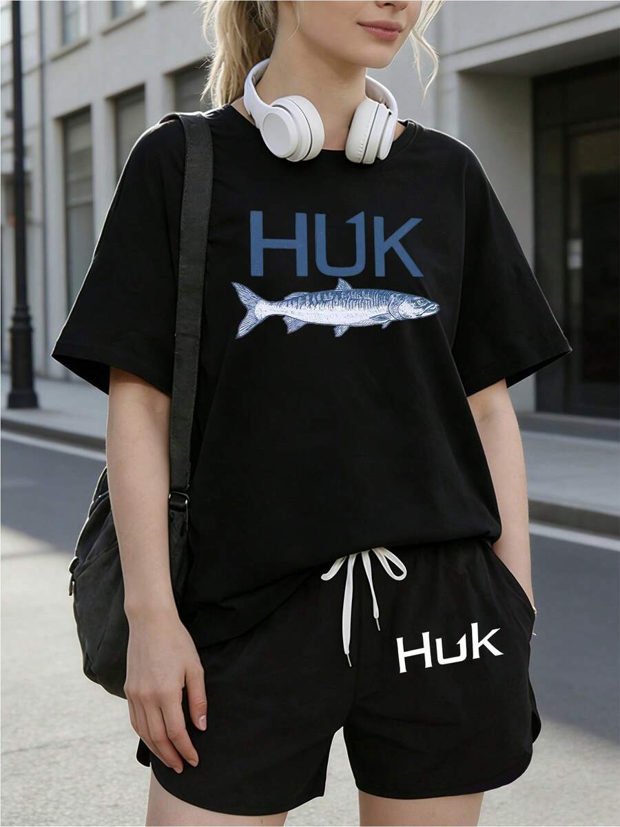 Street-Style Jersey Outfit.HUK Realistic Saltwater Fish Set - Realistic Saltwater Fish Print, Restoring The Natural Authenticity Of Outdoor Fishing Pure Cotton Print Clothes . Teen Girl Casual Minimalist Round Neck Short Sleeve T-Shirt And Shorts 2-Piece Set, Suitable For Spring/Summer Teen Girl Clothes Teen Summer Clothes Set Girls Sporty Summer Sets Shirts For Young Girl Clothes. - 黑色 - 查看 1