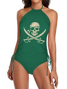 Women'S Tankini Swimwear Featuring A Pirate Skull And Crossbones Design, Perfect For Halloween And Rave Parties. This Elegant Bathing Suit Is Ideal For Beach Outings, Pool Gatherings, And Water, Showcasing A Cute Style, Durable Fabric - 綠色 - 查看 7
