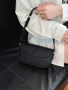 1pc Women's Solid Color PU Shoulder Crossbody Bag, Fashionable Retro Flap Bag Suitable For Holding Phone, Commuting, Shopping, Gift - Black - View 5