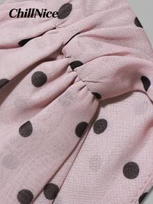 Women Elegant Pink Polka Dot Halter Neck Blouse With Cowl Neck And Backless Design, Sleeveless Chiffon Top For Summer Office Work, Business Casual And Date Night - Pink - View 9