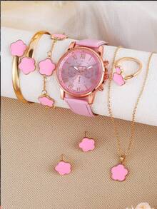 7pcs/Set Fashion PU Leather Strap Alloy Quartz Watch - Pink - View 4