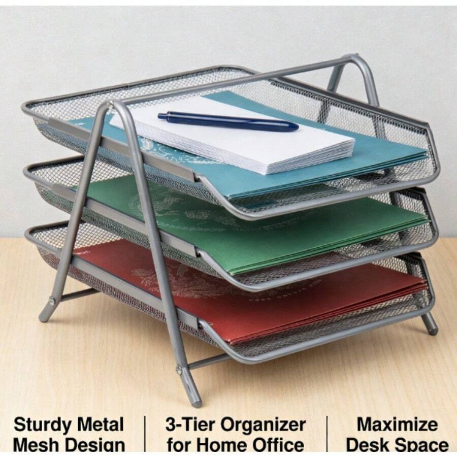 3-Tier Metal Desktop Paper Organizer Tray, Sturdy Silver File Storage Rack, 11.5"*13.75"*10" Space Saving Design, Heavy Duty Office Document Sorter For Desk Workspace Tidy - Black - View 1
