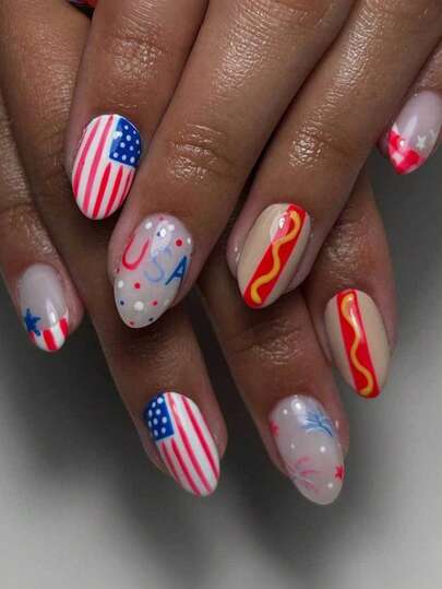 Bộ 24 miếng dán móng tay hình bầu dục chủ đề Ngày Độc lập, gồm hình ngôi sao, quốc kỳ, hoa, sọc, chấm bi, đỏ trắng xanh, thích hợp cho móng tay ngắn, dành cho các bạn nữ công sở, dự tiệc, hẹn hò và sử dụng hàng ngày.