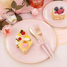 Bộ đĩa tròn đế hồng viền vàng, gồm đĩa nhỏ 7,5 inch và đĩa lớn 10,25 inch, có hai kích cỡ, dễ vệ sinh và tái sử dụng, phù hợp cho tiệc sinh nhật, tiệc chiêu đãi, đám cưới, ngày Valentine, ngày Thánh Patrick, lễ Phục sinh và các sự kiện khác. - Hồng - Xem 7