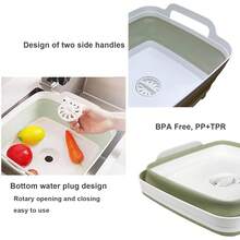 9L (2.4Gal) Collapsible Dish Basin With Drain Plug And Carry Handles, Kitchen Storage Tray Dish Wash Basin, Portable Foldable Dish Tub For Camping And RV, Gray - 淺綠色 - 查看 7