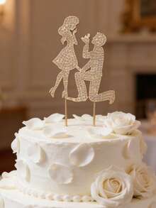 1 Stück Hochzeitstortenaufsatz mit Strass, mit Silhouette des verlobten Paares, geeignet für Verlobungszeremonie, Jahrestag und ganzjährige Dekoration - Verschiedenfarbig - Übersicht 3