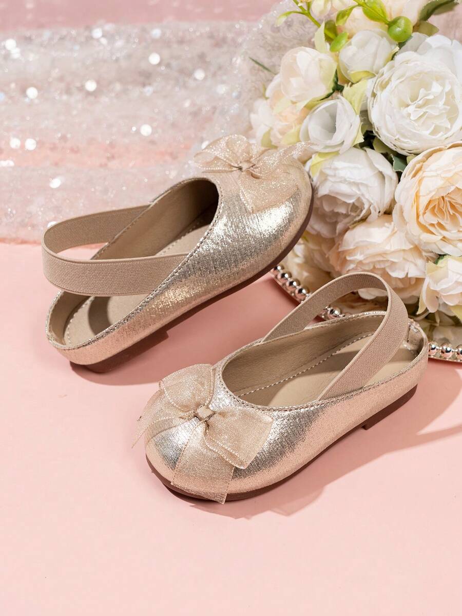 2026春季新款女童蝴蝶结公主鞋，弹性软底，幼儿芭蕾舞鞋，适合婴幼儿的百搭小皮鞋 - 金色 - 查看 1