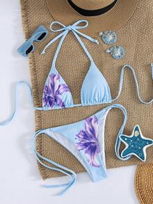 Bộ đồ 4 món mới về: Áo crop top cổ chữ V in hoa gợi cảm và quần short cạp tam giác, trang phục thời trang mùa hè cho kỳ nghỉ. - Màu Lilac Tím - Xem 4