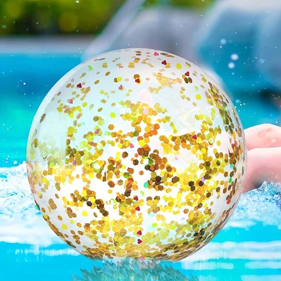 1pc Transparent Glitter Inflatable Beach Ball, Made Of Thick PVC Material, Leak-Proof And Wear-Resistant, Filled With Colorful Glitter Sequins, Shiny And Atmospheric When Inflated, Elastic And Not Easy To Break, Suitable Size For Portability And Easy Storage, Transparent Design With Glitter Sequins Makes It Photogenic.