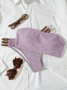Lavender Crinkle Texture Strapless High Waist Bikini Set, Fashionable Aesthetic Vacation Style Beach - Mauve Purple - View 3