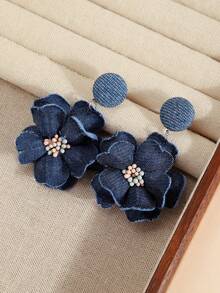 1 Pair Vintage Fabric Flower Earrings, Blue Floral Denim Effect Earrings, Sweet And Fresh For Women, Summer, Jewellery, Festival, - Dark - View 3