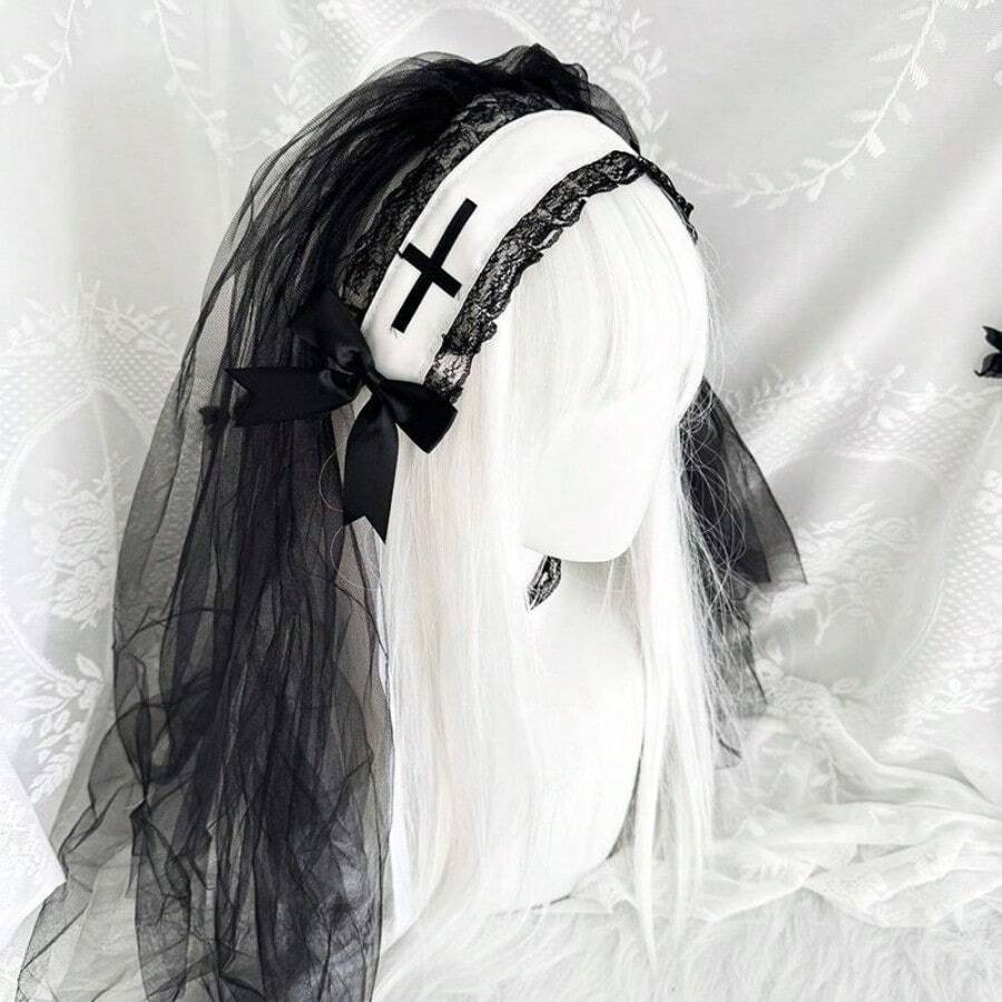 Dark Gothic Lolita Nun Headband Retro Cross Mantilla Veil Chapel Style Filomena Cosplay Headpiece For Women,Y2k - trắng - Xem 1