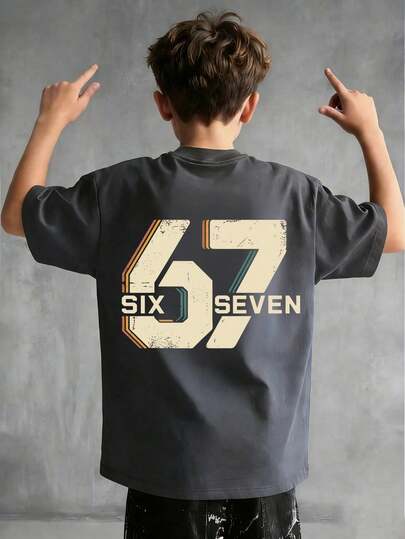 Teen Boy "Six Seven" 67 Numeric & Letter Print T-Shirt, Suitable For Boys' Street, Campus, Event, Daily Wear, Fashionable Summer Top
