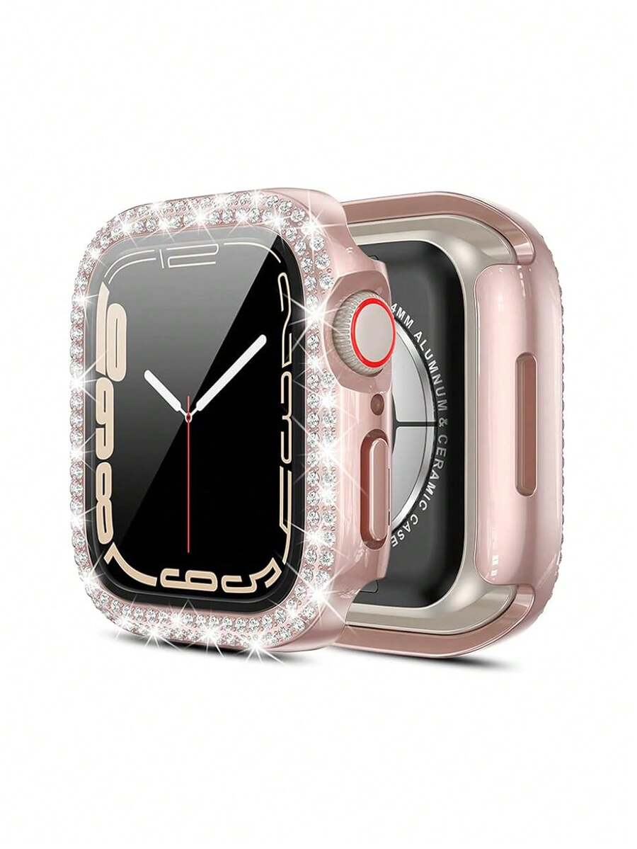 1pc Unisex Fashion Anti-Fall Sparkling 2-In-1 Ultra-Thin Tempered Glass Watch Case, Rhinestone Protective Frame + Screen Protector, Suitable For Apple Watch 40/41/42/44/45/46/49mm, Applicable To Ultra/SE/11/10/9/8/7/6/5/4 Series
