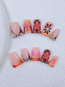 10片装Y2K风鸭嘴美甲贴片套装 - 手工制作，包含粉色、红色、红橙法式美甲贴片、手工3D花朵和3D橙色图案、手绘红色斑马纹和白色波点设计、闪亮金色小钢珠和水钻装饰，精致优雅的美甲 - 完美适用于派对和休闲装扮 - 彩色 - 查看 12