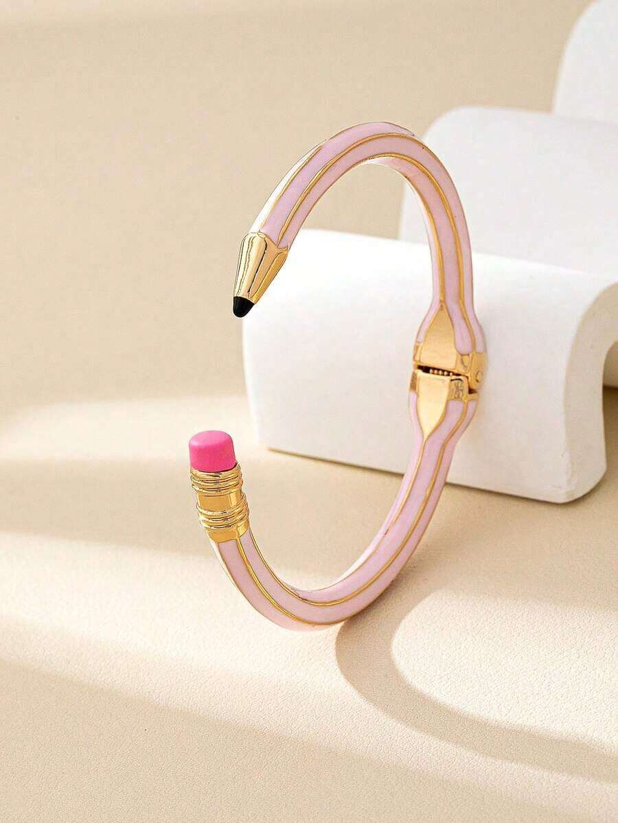 1pc Fashionable Zinc Alloy 3D Pencil Shaped Expandable Bangle Bracelet, Suitable As Back To School, Holiday, Teacher, Student, Couple Gift - 黃色 - 查看 1