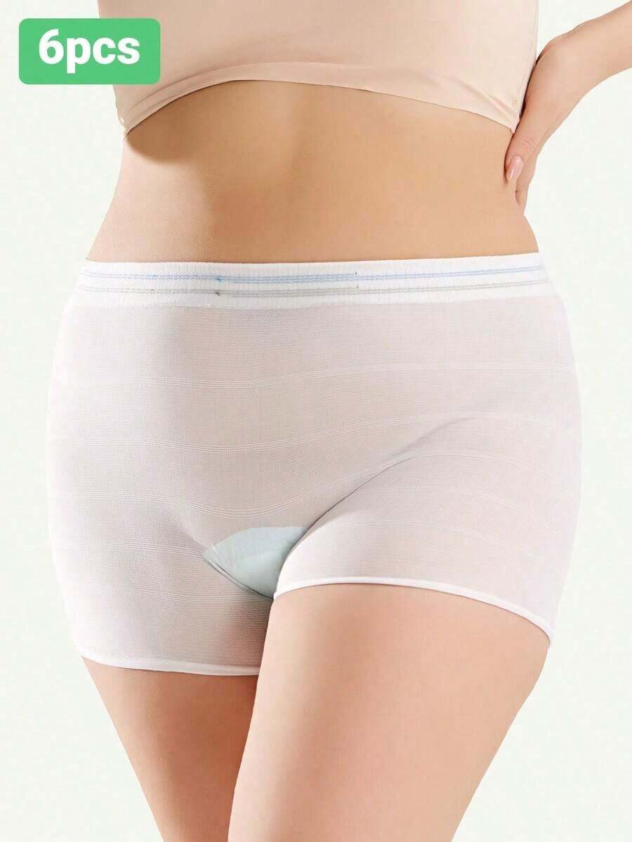 6pcs/Pack CARER Postpartum Recovery Underwear, Elastic Care Shorts, High Waist Disposable Maternity Panties - 白色 - 查看 1
