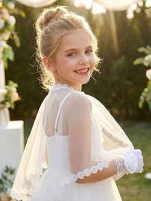 2pcs/Set Girls' White Floral Shawl + White Floral Satin Gloves, 2-Piece White Princess Style Shawl, Wedding Photography Prop, Wedding Decoration, Party Photo Booth Prop, Wedding Supplies - 2PCS - View 10
