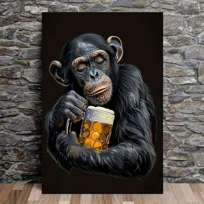 1pc Frameless Bonobo Beer Canvas Wall Arts Print Realistic Chimpanzee Enjoying Beer Illustration Posters, Vibrant Wall Decor For Bars, Clubs, Cafes, Restaurants - Premium Canvas Artwork,Home Decor,Room Decor
