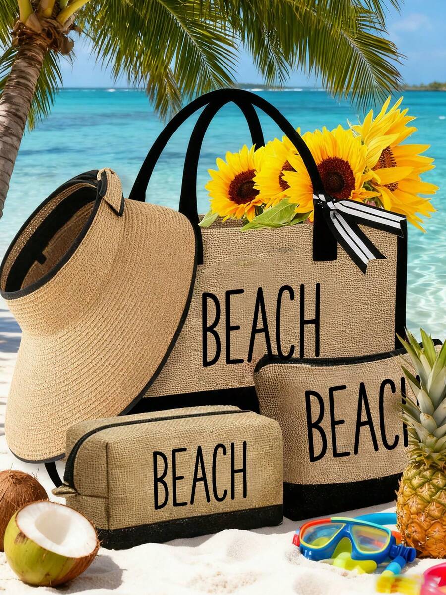 Women's Beach Tote Bag Set, Includes "BEACH" Canvas Bag, Khaki Wavy Beach Sun Hat, Tote Bag, Cosmetic Bag, Wide Brim Sun Hat, Bow Outdoor Travel Hat, Suitable For Spring/Summer Beach Use, Adjustable