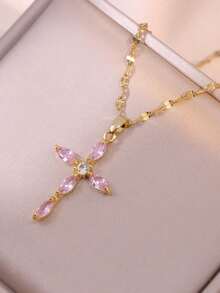 Mặt dây chuyền hình thánh giá bằng đồng đính đá Zirconia ba màu tối giản thanh lịch, dây chuyền thép không gỉ mạ vàng thời trang, quà tặng kỷ niệm. - Hồng - Xem 3