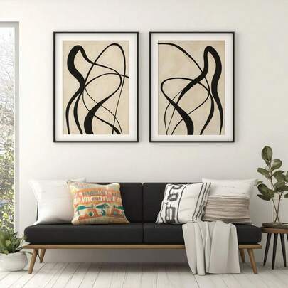 Juego de 2 obras de arte de pared minimalistas y modernas de líneas abstractas en negro y beige para la sala de estar, sin marco