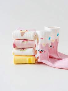 5双装女童卡通水果字母印花透气网眼中筒袜，清爽百搭可爱袜子，学生日常休闲穿着 - 彩色 - 查看 8