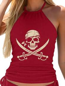 Women'S Tankini Swimwear Featuring A Pirate Skull And Crossbones Design, Perfect For Halloween And Rave Parties. This Elegant Bathing Suit Is Ideal For Beach Outings, Pool Gatherings, And Water, Showcasing A Cute Style, Durable Fabric - 紅色 - 查看 2