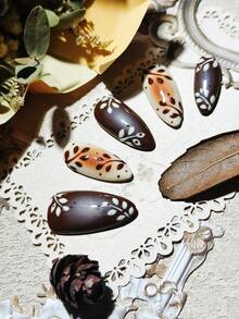 Handmade Press On Nails 10Pcs Almond Shape Chocolate Brown Gradient Leaf Pattern Glossy Finish Reusable False Nails For Daily Wear - Coffee Brown - View 2