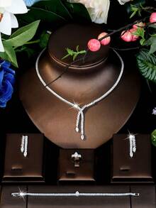 Bộ trang sức dây chuyền hình chữ Y màu bạc đính đá Cubic Zirconia (CZ) cắt hình baguette, gồm vòng cổ, bông tai, nhẫn và vòng tay, thích hợp cho lễ tốt nghiệp, kỳ nghỉ biển và sinh nhật. - Bạc - Xem 2
